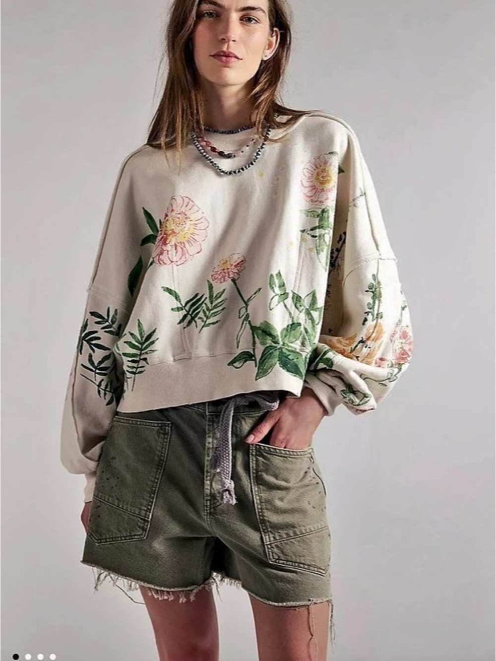 Free People Gaia Sweatshirt Floral Combo Ivory Botanical Pullover XS